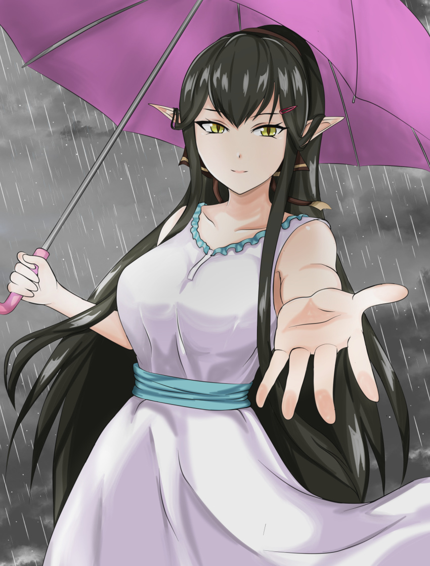 1girl absurdres alternate_costume black_hair breasts casual collarbone contemporary dress english_commentary fate/grand_order fate_(series) highres holding holding_umbrella large_breasts long_hair looking_at_viewer outstretched_hand pointy_ears purple_umbrella rain semiramis_(fate) sleeveless sleeveless_dress slit_pupils solo tian_kazuki umbrella very_long_hair white_dress yellow_eyes