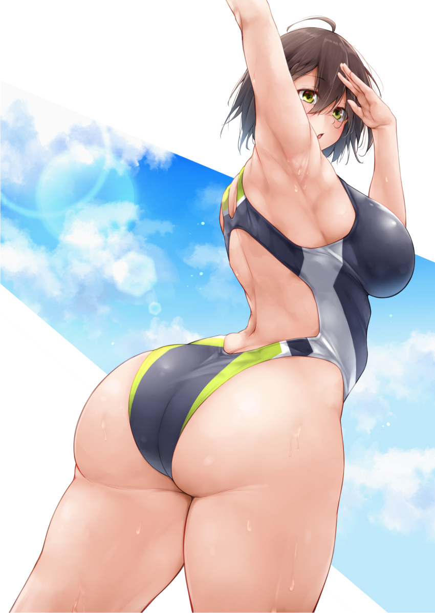 1girl ahoge alternate_costume arm_up armpits ass azur_lane back back_cutout baltimore_(azur_lane) bare_shoulders blue_sky brown_hair clothing_cutout clouds from_behind hair_between_eyes highres lens_flare one-piece_swimsuit oriue_wato short_hair sky swimsuit thighs wet yellow_eyes