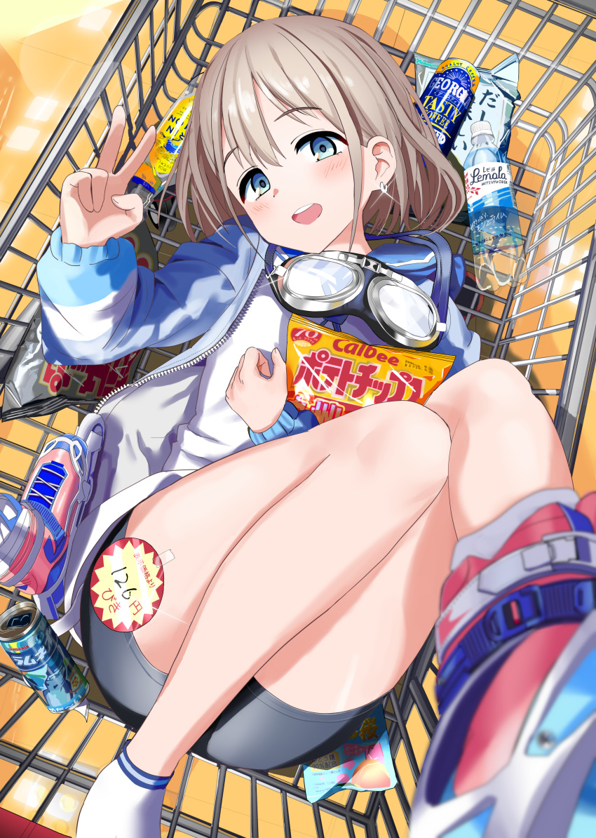 1girl rnhighres abstract_background bare_legs black_shorts blue_eyes blue_jacket blurry blurry_foreground blush bottle calbee_(potato_chips) can candy canned_food chips earrings eyebrows_visible_through_hair food foreshortening from_above full_body go_(mumuke) goggles goggles_around_neck grey_hair holding holding_food huge_filesize idolmaster idolmaster_shiny_colors in_shopping_cart jacket jewelry long_sleeves looking_at_viewer looking_up open_clothes open_jacket open_mouth potato_chips price_tag serizawa_asahi shirt shoes shopping_cart short_hair shorts smile sneakers socks solo upper_teeth v water_bottle white_legwear white_shirt yellow_background zipper