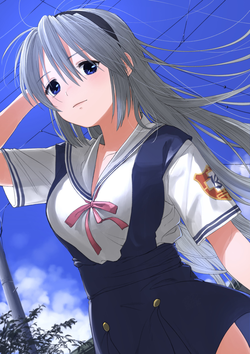 1girl absurdres arm_behind_head bangs black_hairband blue_eyes blue_sky clannad commentary day dutch_angle grey_hair hairband highres hikarizaka_private_high_school_uniform long_hair looking_at_viewer outdoors power_lines sakagami_tomoyo school_uniform see-through_silhouette short_sleeves sky solo turbo_engine_(rakugaki_tabo)