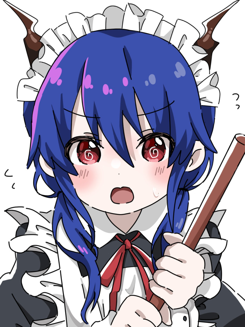 1girl @_@ alternate_costume apron arknights black_dress blue_hair blush bow bowtie ch'en_(arknights) commentary dragon_horns dress flying_sweatdrops hair_between_eyes highres holding holding_stick horns long_hair looking_at_viewer maid maid_headdress open_mouth portrait red_eyes red_neckwear remon0427 simple_background solo stick white_apron white_background