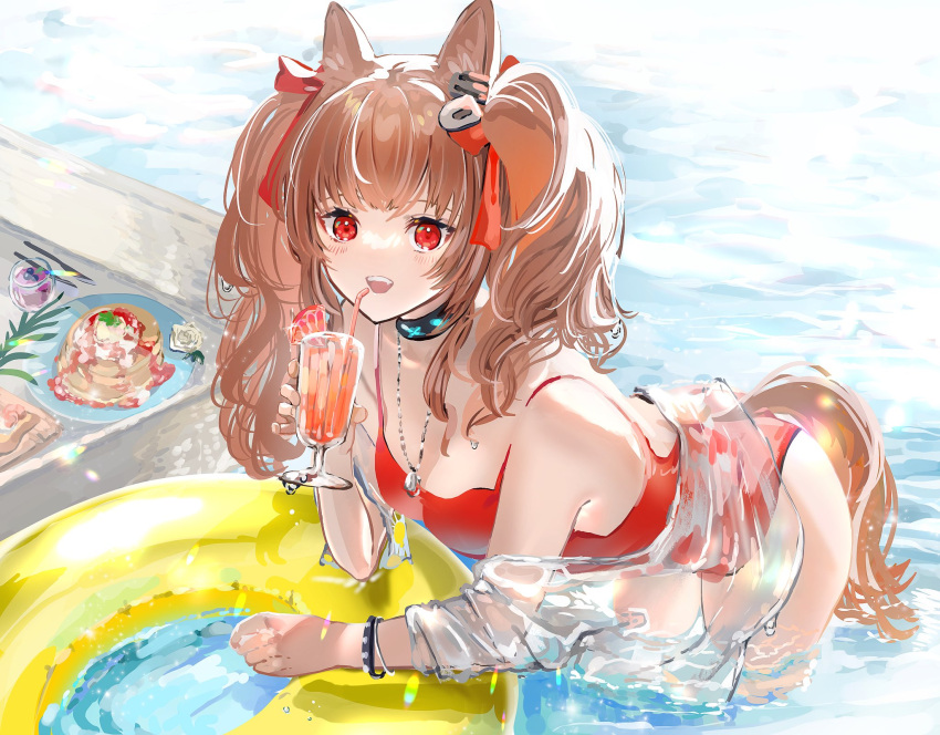 1girl :d angelina_(arknights) angelina_(summer_flowers)_(arknights) animal_ears arknights black_collar blush bow brown_hair collar commentary_request cowboy_shot cup drinking_glass drinking_straw earpiece food fox_ears fox_girl fox_tail hair_bow highres holding holding_cup infection_monitor_(arknights) innertube jewelry leaning_forward long_hair looking_at_viewer nanaponi necklace official_alternate_costume one-piece_swimsuit open_mouth pancake partially_submerged red_bow red_eyes red_swimsuit see-through smile solo swimsuit tail twintails upper_teeth wading water