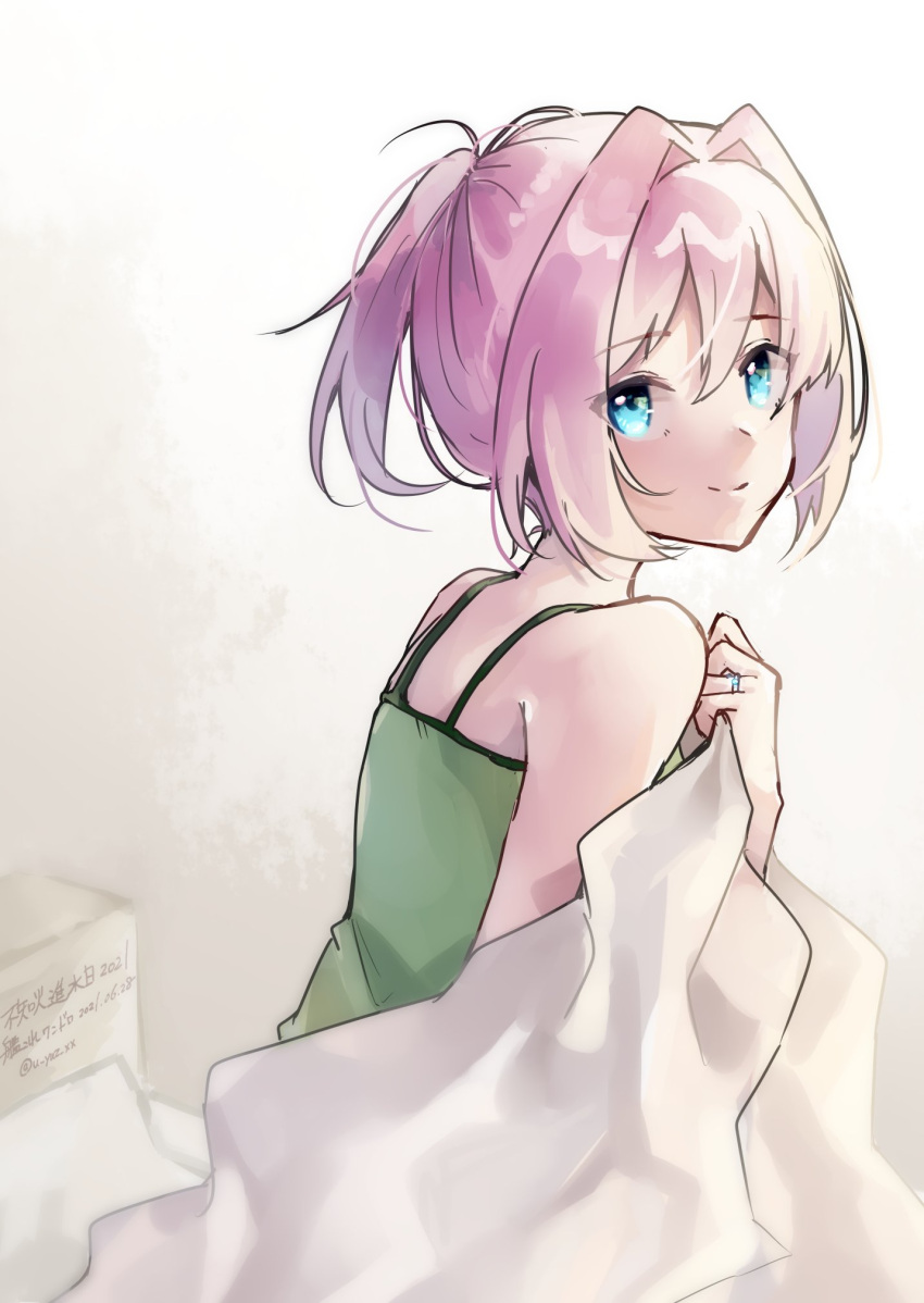 1girl bare_shoulders blue_eyes camisole commentary_request green_camisole highres kantai_collection looking_at_viewer one-hour_drawing_challenge pink_hair ponytail shiranui_(kancolle) short_hair smile solo u_yuz_xx upper_body