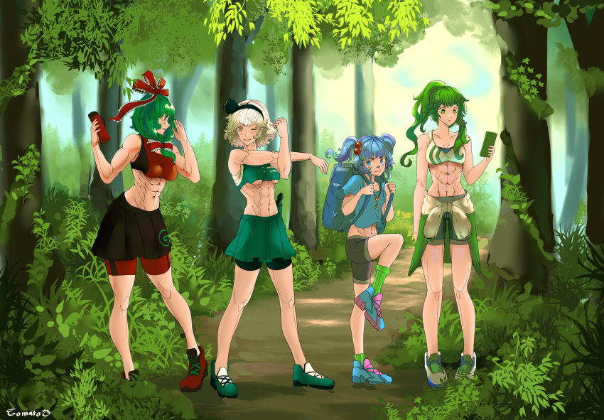 4girls abs absurdres adapted_costume backpack bag bike_shorts bike_shorts_under_skirt blue_hair bow cellphone forest green_hair hair_bow hairband highres kagiyama_hina kawashiro_nitori kochiya_sanae konpaku_youmu multiple_girls nature no_hat no_headwear outdoors path phone shirt shoes shorts sneakers sports_bra t-shirt tomatolover16 toned touhou white_hair