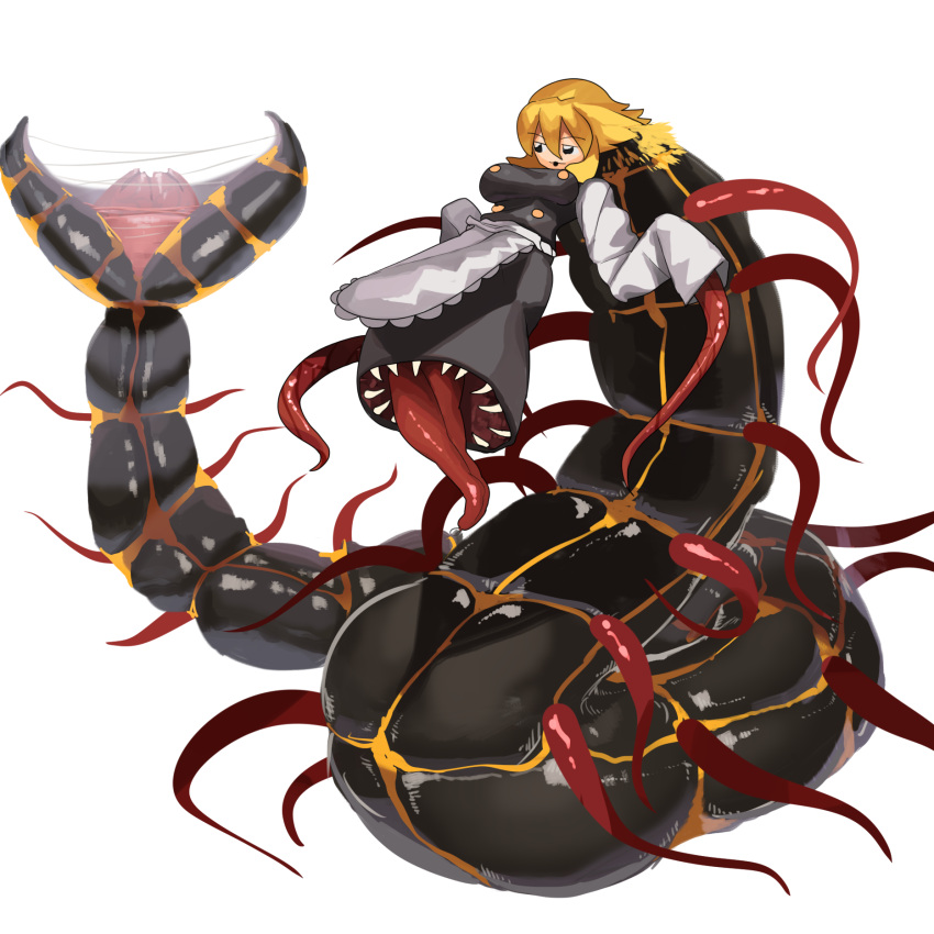 1girl apron arthropod_girl bangs black_dress black_eyes blonde_hair breasts buttons centipede_girl commentary_request cookie_(touhou) dress extra_mouth eyebrows_visible_through_hair full_body hair_between_eyes highres kirisame_marisa koiso_usu long_hair looking_to_the_side medium_breasts monster_girl no_hat no_headwear open_mouth simple_background sleeves_past_wrists solo tongue touhou waist_apron white_apron white_background yuuhi_(cookie)