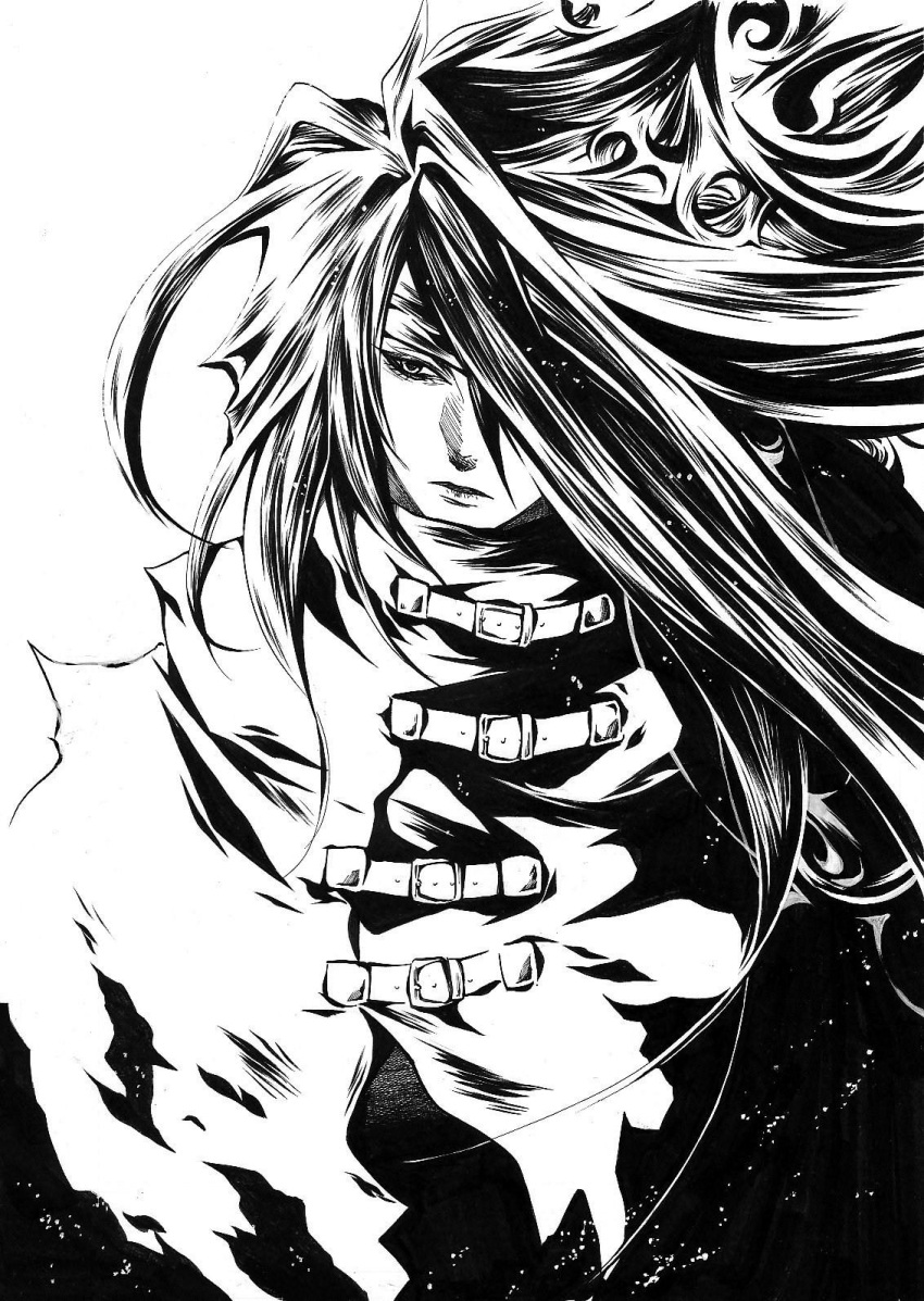 1boy belt buckle cloak final_fantasy final_fantasy_vii frown greyscale hakuseki headband highres looking_to_the_side messy_hair monochrome torn_clothes vincent_valentine