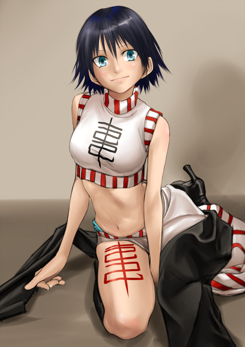 1girl bare_arms bare_shoulders black_footwear black_hair blue_eyes breasts china_dress chinese_clothes closed_mouth crop_top dress highres houshin_engi kirie_kairi looking_at_viewer midriff navel ou_kijin short_hair smile solo tattoo
