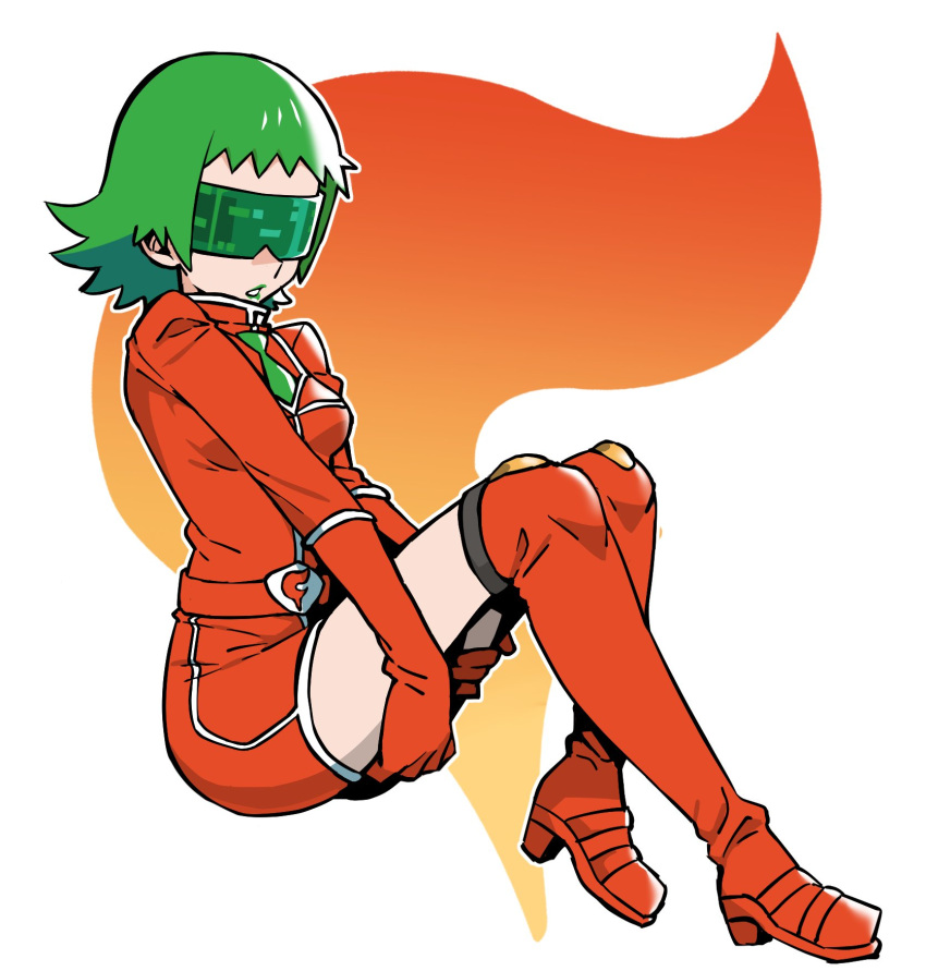 1girl bangs belt_buckle boots breasts bryony_(pokemon) buckle commentary full_body gloves green_hair green_lips green_neckwear highres knees lipstick logo makeup medium_hair necktie orange_belt orange_footwear orange_gloves orange_shorts pokemon pokemon_(game) pokemon_xy shorts sitting solo team_flare thigh-highs thigh_boots turtleneck visor woogleboy