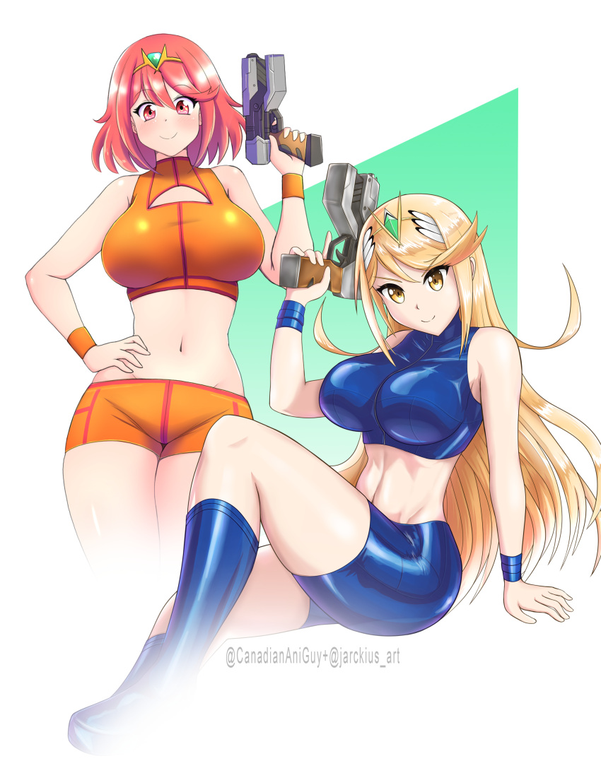 2girls absurdres bangs blonde_hair breasts cosplay earrings gun highres holding holding_gun holding_weapon jarckius jewelry large_breasts long_hair metroid multiple_girls mythra_(xenoblade) pyra_(xenoblade) red_eyes redhead samus_aran samus_aran_(cosplay) short_hair short_shorts shorts swept_bangs thighs tiara very_long_hair weapon xenoblade_chronicles_(series) xenoblade_chronicles_2 yellow_eyes zero_suit