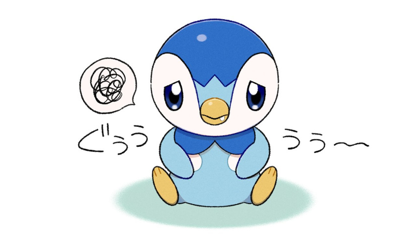 blue_eyes closed_mouth commentary_request creature drooling full_body gen_4_pokemon looking_at_viewer no_humans official_art piplup pokemon pokemon_(creature) prj_pochama saliva sitting solo spoken_squiggle squiggle white_background
