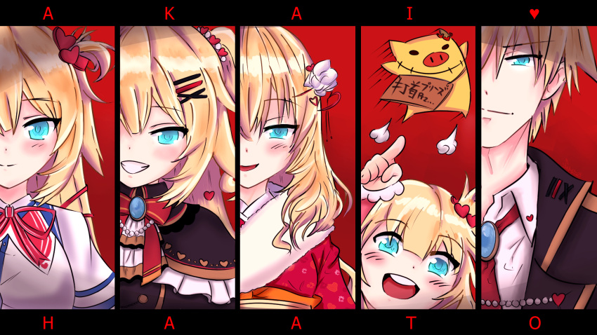 1boy 4girls akai_haato bangs blonde_hair blue_eyes blush character_name child closed_mouth collared_shirt commentary eyebrows_visible_through_hair flower fur_collar genderswap genderswap_(ftm) haaton_(akai_haato) hair_flower hair_ornament hairclip heart heart_hair_ornament highres hololive icevenger jacket japanese_clothes kimono long_hair looking_at_viewer multiple_girls multiple_persona necktie official_alternate_costume open_mouth red-kun_(akai_haato) red_background shadow shirt smile virtual_youtuber younger