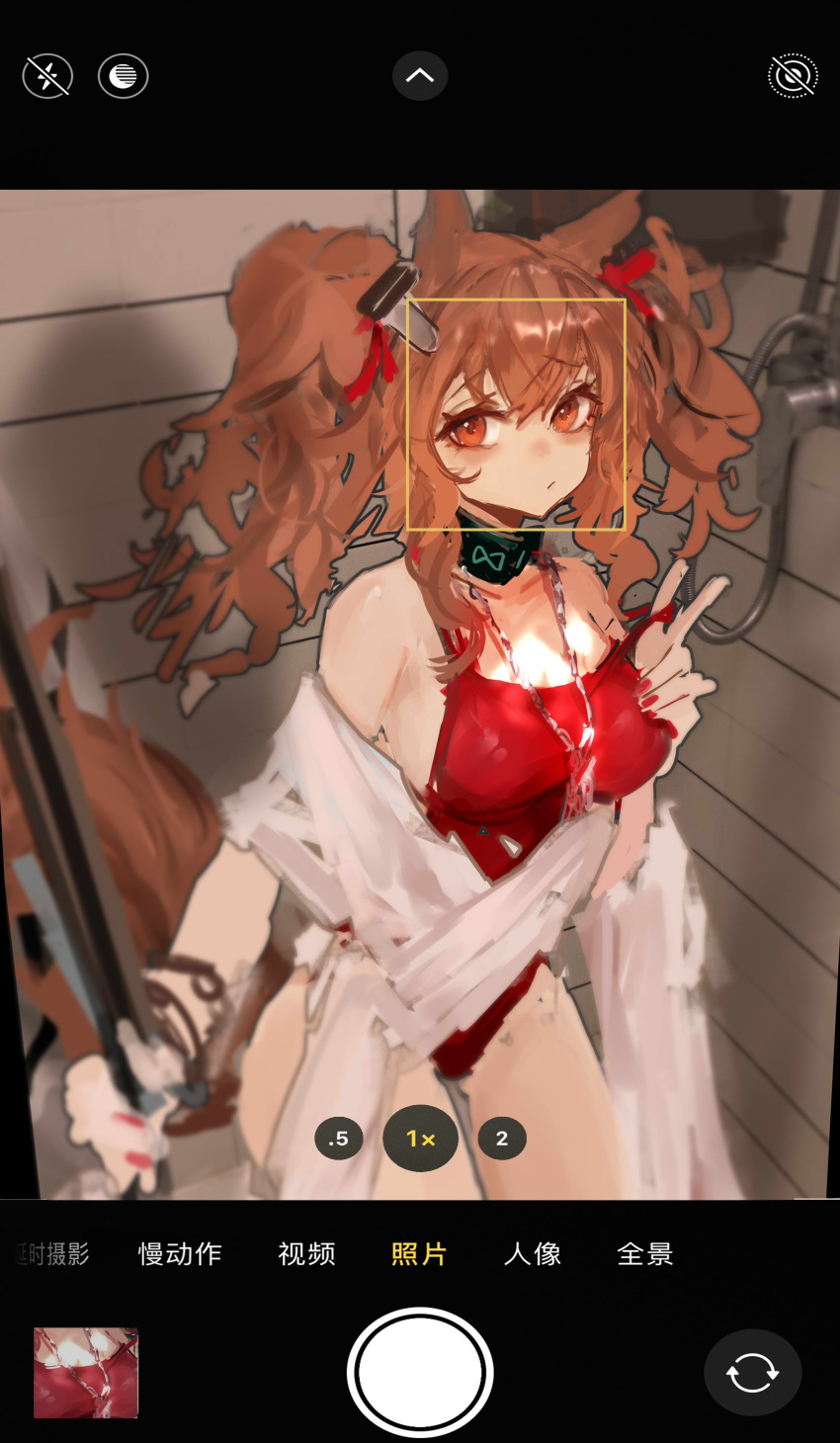 1girl absurdres angelina_(arknights) angelina_(summer_flowers)_(arknights) animal_ears arknights blush brown_eyes chinese_text collarbone commentary cowboy_shot earpiece fox_ears fox_girl fox_tail highres holding k7otk long_hair looking_at_viewer official_alternate_costume one-piece_swimsuit photo_background red_nails red_swimsuit shower_(place) solo strap_slip swimsuit symbol_commentary tail twintails v viewfinder