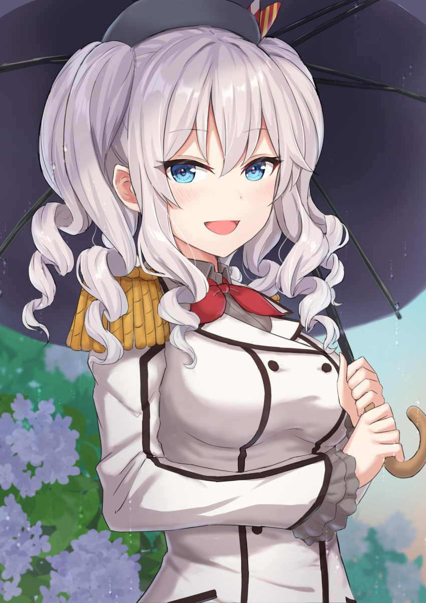 1girl blue_eyes breasts epaulettes frilled_sleeves frills highres holding holding_umbrella jacket kantai_collection kashima_(kancolle) kerchief large_breasts long_sleeves military military_jacket military_uniform monoku neckerchief red_neckwear sidelocks silver_hair solo twintails umbrella uniform upper_body wavy_hair white_jacket