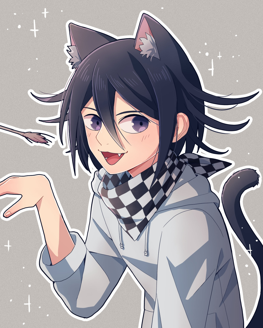 1boy :d absurdres animal_ear_fluff animal_ears bangs black_hair black_scarf cat_boy cat_ears cat_tail checkered checkered_neckwear checkered_scarf cheer_(cheerkitty14) dangan_ronpa_(series) dangan_ronpa_v3:_killing_harmony english_commentary extra_ears fang grey_background grey_hoodie hair_between_eyes hand_up highres hood hoodie long_sleeves looking_at_viewer male_focus open_mouth ouma_kokichi outline scarf smile solo sparkle straitjacket tail upper_body violet_eyes white_outline white_scarf