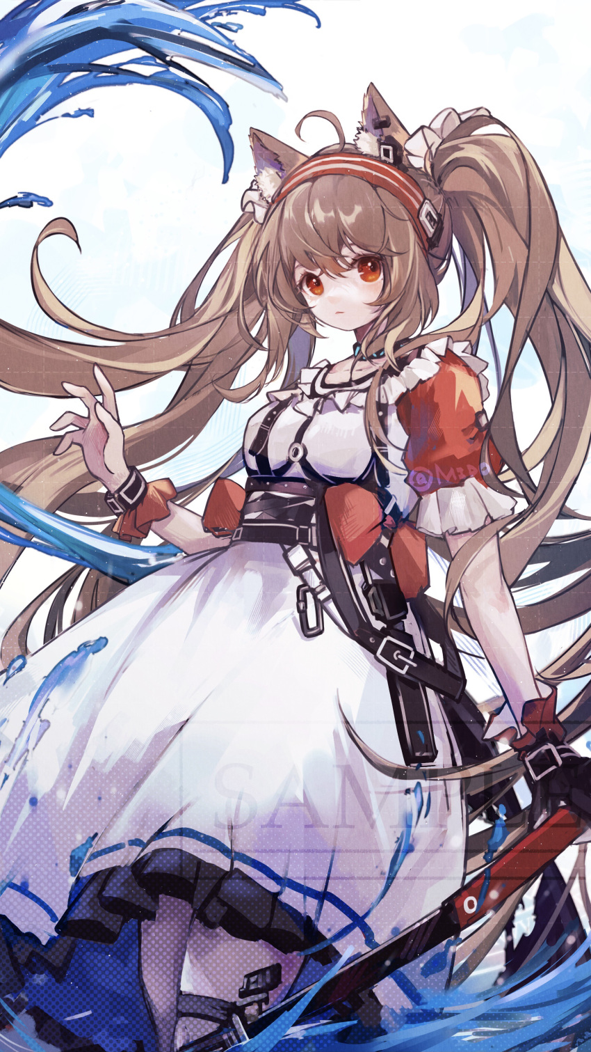 1girl absurdres alternate_costume angelina_(arknights) animal_ear_fluff animal_ears arknights black_collar black_wristband brown_hair chinese_commentary collar dress ear_piercing earpiece feet_out_of_frame fox_ears hairband hand_up highres infection_monitor_(arknights) long_hair looking_at_viewer mido_(mido_chen) originium_arts_(arknights) piercing red_eyes red_hairband red_sleeves red_wrist_cuffs sample simple_background solo twintails very_long_hair white_background white_dress
