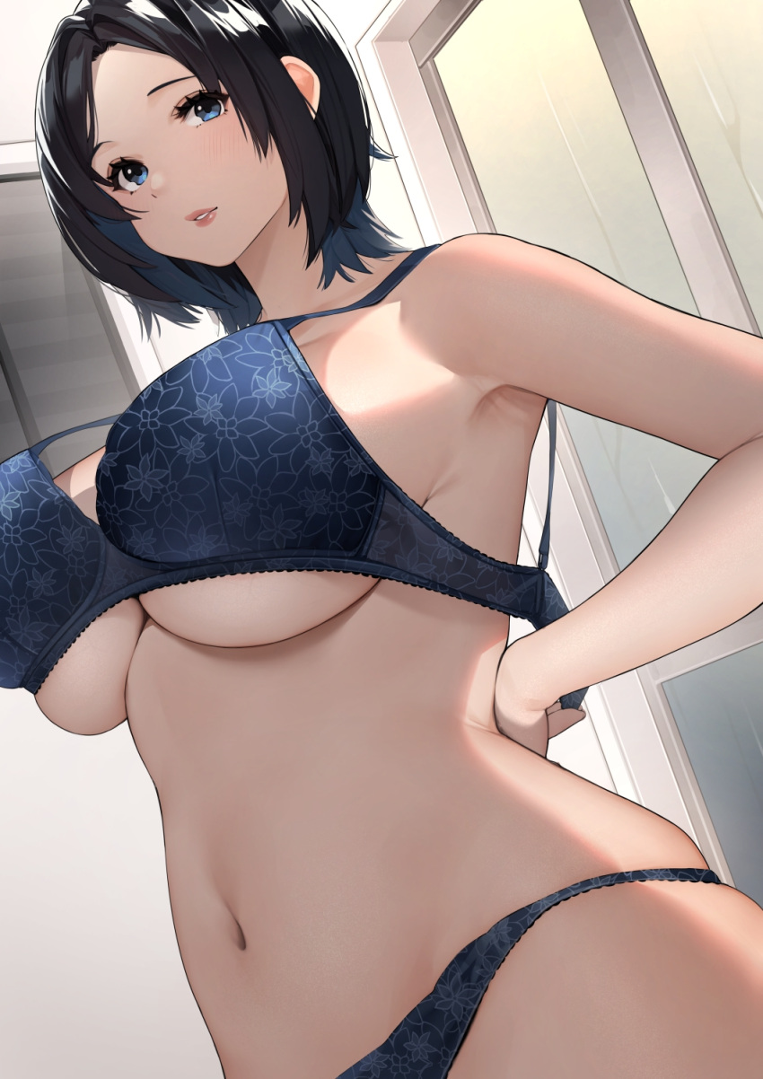 1girl arm_behind_back bangs bare_arms bare_shoulders black_hair blue_bra blue_eyes blue_panties blush bra breasts commentary_request dutch_angle highres indoors large_breasts looking_at_viewer mature_female navel open_bra original panties parted_bangs parted_lips print_bra print_panties sakura_no_tomoru_hi_e shiny shiny_hair short_hair skindentation solo stomach under_boob underwear underwear_only undressing upper_body