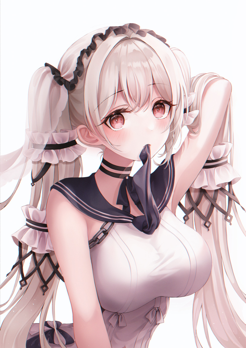 1girl absurdres azur_lane bangs black_choker black_neckwear black_sailor_collar blush breasts choker dress eyebrows_visible_through_hair formidable_(azur_lane) formidable_(timeless_classics)_(azur_lane) hair_ribbon highres huge_filesize large_breasts long_hair looking_at_viewer mouth_hold neckerchief official_alternate_costume pippin_sol red_eyes ribbon sailor_collar sailor_dress simple_background sleeveless sleeveless_dress solo twintails upper_body veil white_background white_dress white_hair