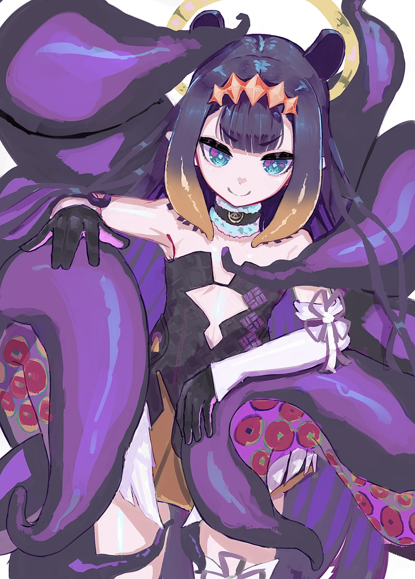 1girl absurdres arm_warmers armpits bangs black_hair blue_eyes blunt_bangs choker diamond_hairband eyebrows_visible_through_hair flat_chest geema-geema gloves highres hololive hololive_english long_hair ninomae_ina'nis simple_background single_arm_warmer single_thighhigh smile solo tentacle_hair tentacles thigh-highs virtual_youtuber white_background