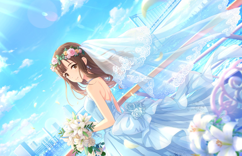 blush brown_eyes brown_hair dress idolmaster_cinderella_girls_starlight_stage long_hair mizumoto_yukari smile wedding