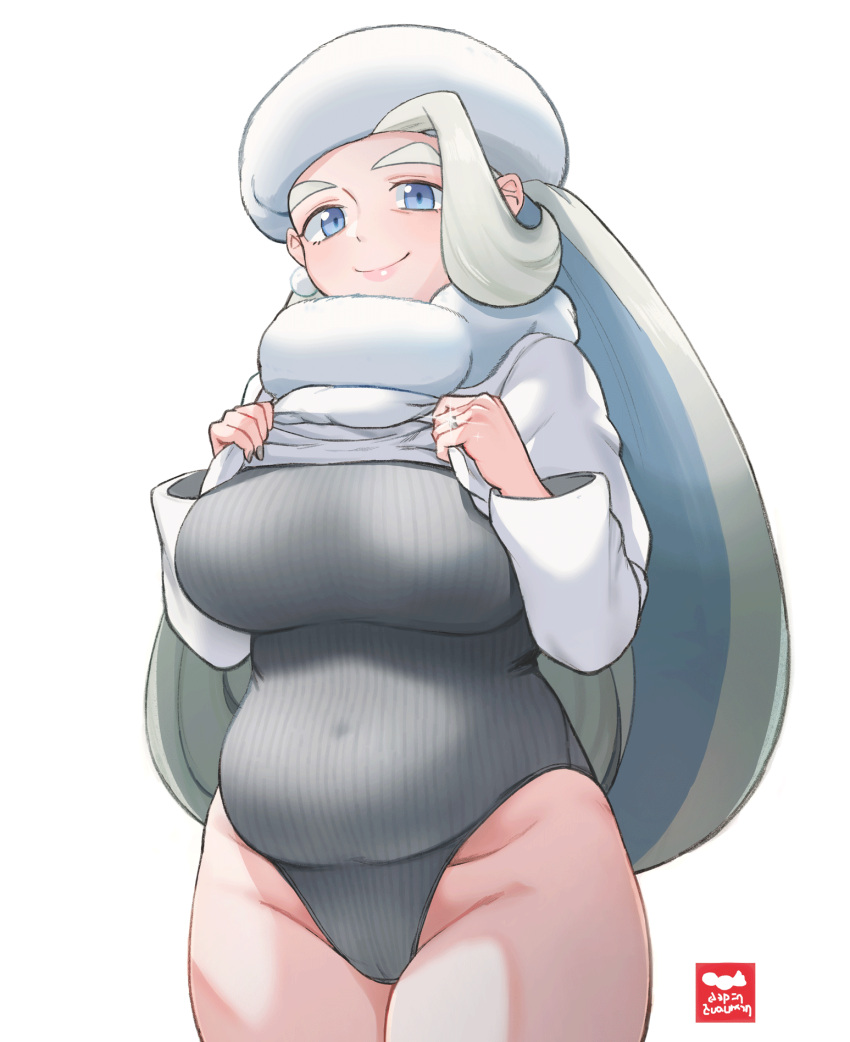 1girl blue_eyes breasts clothes_lift covered_navel curvy earrings geso_smith grey_hair grey_leotard hat highres jewelry large_breasts leotard long_hair mature_female melony_(pokemon) muskmelon plump pokemon pokemon_(game) pokemon_swsh ribbed_leotard ribbed_sweater ring simple_background smile solo sparkle sweater sweater_lift turtleneck turtleneck_leotard turtleneck_sweater wedding_band white_background white_headwear white_sweater