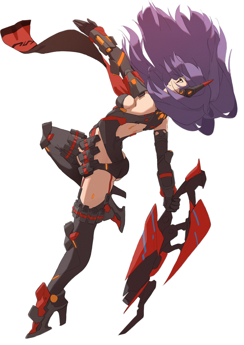 1girl absurdres android breasts highres holding holding_weapon joints large_breasts leotard long_hair poppi_(xenoblade) poppi_qtpi_(xenoblade) purple_hair red_eyes robot_joints rui_(rei_leyi) simple_background solo weapon white_background xenoblade_chronicles_(series) xenoblade_chronicles_2