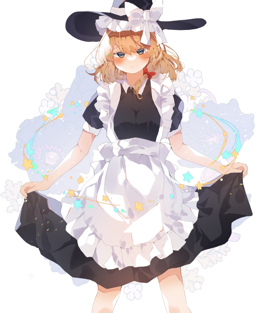 1girl apron black_headwear blonde_hair blue_eyes blush border bow braid closed_mouth collared_dress commentary eyebrows_visible_through_hair frown gominami hair_bow hat hat_bow highres kirisame_marisa looking_at_viewer maid_apron medium_dress medium_hair puffy_short_sleeves puffy_sleeves red_border short_sleeves side_braid skirt_hold solo standing star_(symbol) touhou white_apron white_bow witch_hat