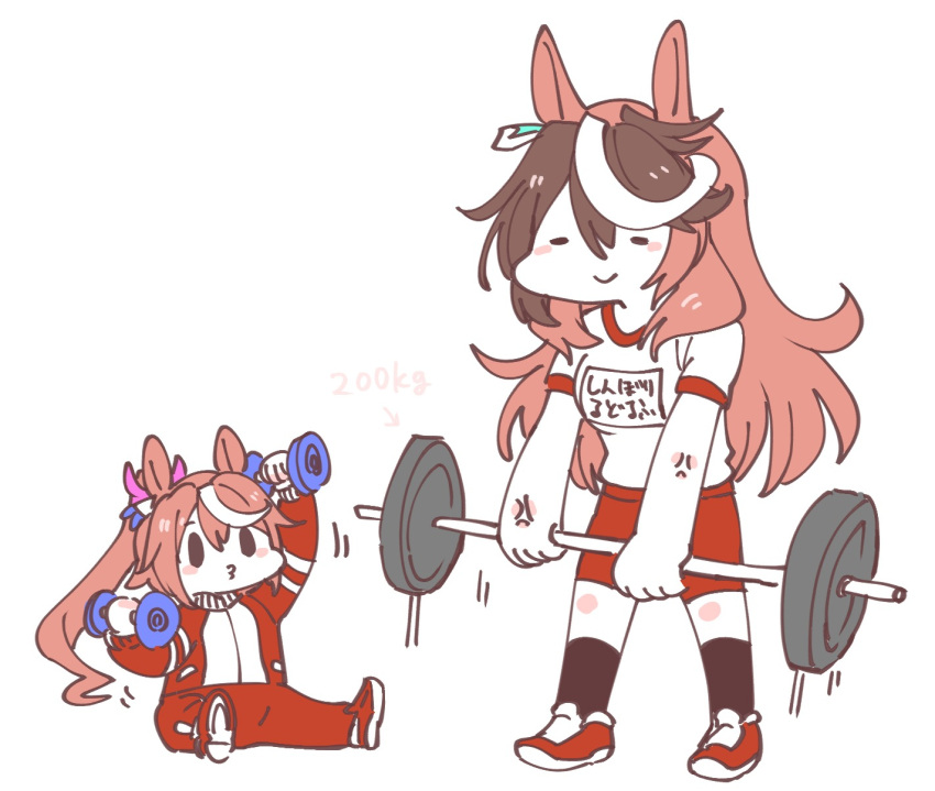 0_0 2girls animal_ears ankle_socks barbell brown_hair buruma dumbbell earrings high_ponytail highres horse_ears horse_girl jewelry long_hair motion_lines multicolored_hair multiple_girls shoes sketch sneakers symboli_rudolf_(umamusume) takatsuki_nato tokai_teio_(umamusume) track_suit two-tone_hair umamusume weightlifting