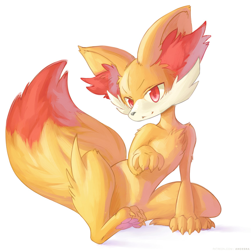 :3 ancesra animal_ear_fluff animal_focus artist_name claws closed_mouth commentary english_commentary fennekin full_body gen_6_pokemon hand_up highres looking_at_viewer no_humans patreon_username pawpads pokemon pokemon_(creature) red_eyes sideways_mouth simple_background sitting solo watermark web_address white_background yellow_theme