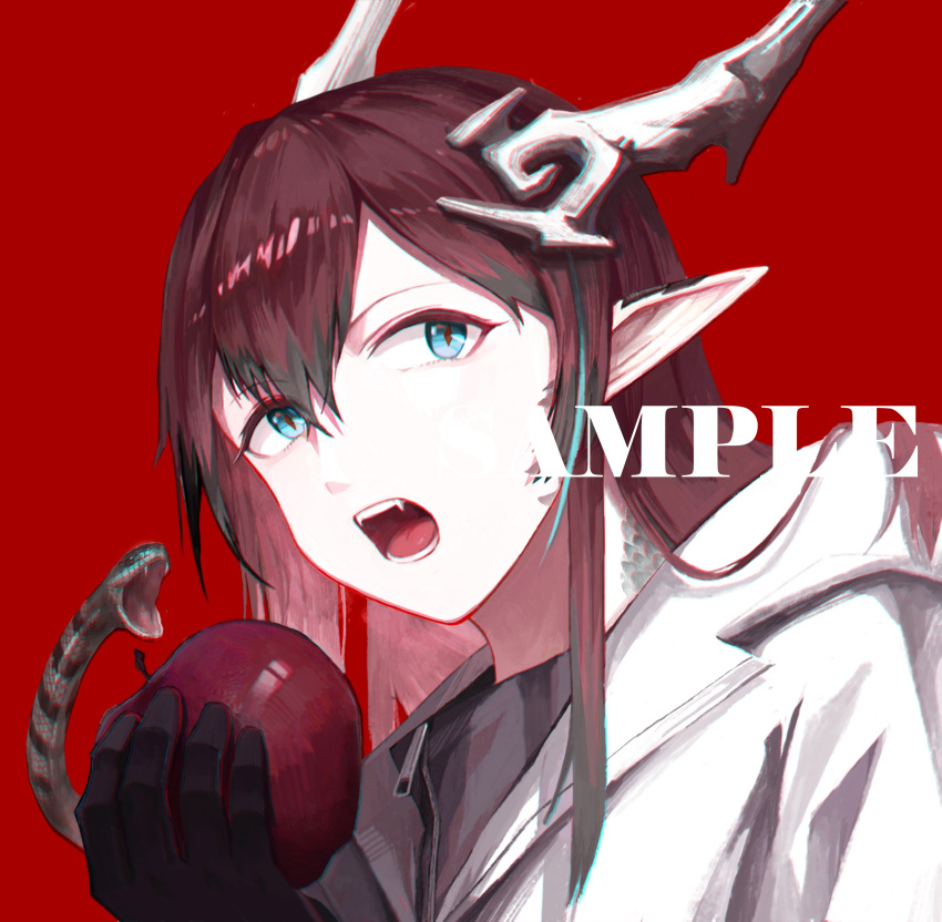 1girl absurdres arknights black_gloves blue_eyes demon_horns english_text fangs food fruit gloves grey_shirt hair_between_eyes highres holding holding_food holding_fruit horns jacket long_hair nine_(arknights) open_mouth pointy_ears portrait red_background redhead scales shirt shr.3v snake solo white_jacket