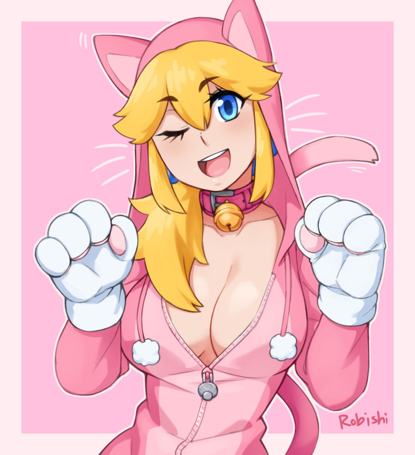 1girl :d animal_costume animal_ears artist_name bell blonde_hair blue_eyes blush breasts cat_costume cat_ears cat_tail collar eyebrows_visible_through_hair gloves highres jewelry large_breasts long_hair looking_at_viewer super_mario_bros. neck_bell one_eye_closed open_mouth princess_peach rob_ishi smile solo tail white_gloves