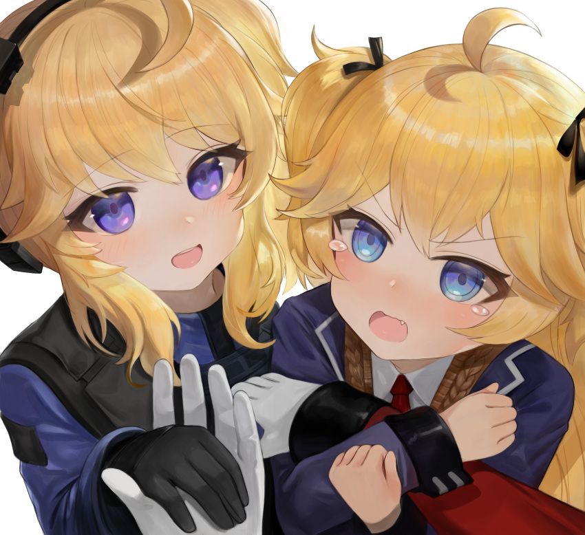 2girls :d ahoge arm_hug black_bow black_gloves blonde_hair blue_eyes blue_jacket blush bow collared_shirt commander_(girls_frontline) commentary_request dokomon dual_persona fang girls_frontline gloves hair_bow highres jacket korean_commentary long_hair long_sleeves multiple_girls necktie open_mouth red_neckwear shirt simple_background smile super_shorty_(girls_frontline) tears two_side_up upper_body v-shaped_eyebrows very_long_hair wavy_mouth white_background white_gloves white_shirt