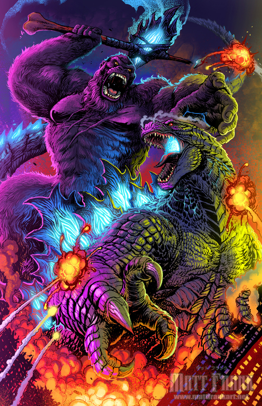absurdres axe battle battle_axe bioluminescence city claws clouds fangs fire giant gloves glowing glowing_eyes godzilla godzilla_(2014) godzilla_(legendary) godzilla_(series) godzilla_vs_kong gorilla highres holding holding_axe holding_weapon kaijuu king_kong king_kong_(series) kong:_skull_island matt_frank monster monsterverse no_humans open_mouth scales science_fiction sharp_teeth sky smoke spikes spines tail teeth weapon