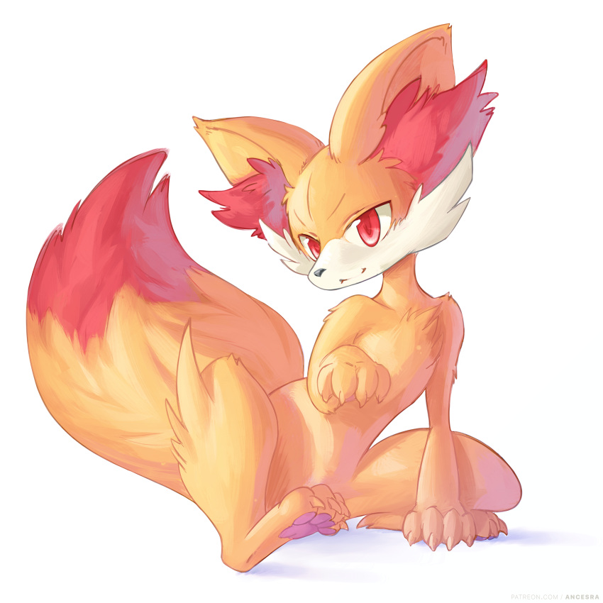 :3 absurdres ancesra animal_ear_fluff animal_focus artist_name claws closed_mouth commentary english_commentary fennekin full_body gen_6_pokemon hand_up highres looking_at_viewer no_humans patreon_username pawpads pokemon pokemon_(creature) red_eyes sideways_mouth simple_background sitting solo watermark web_address white_background yellow_theme