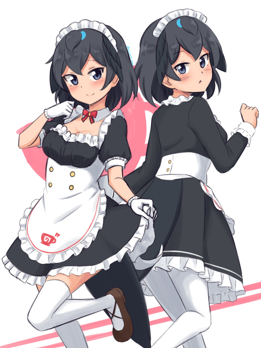 1girl absurdres alternate_costume apron back_bow bird_girl bird_tail bird_wings black_dress black_hair blue_eyes bow bowtie brown_footwear collar commentary cowboy_shot detached_collar dress enmaided eyebrows_visible_through_hair frilled_collar frilled_dress frills gloves greater_lophorina_(kemono_friends) head_wings highres japari_symbol kemono_friends kemono_friends_3 long_sleeves looking_at_viewer maid maid_apron maid_headdress multiple_views official_alternate_costume pantyhose puffy_short_sleeves puffy_sleeves red_neckwear shiraha_maru short_hair short_sleeves standing standing_on_one_leg thigh-highs white_apron white_gloves white_legwear wings zettai_ryouiki