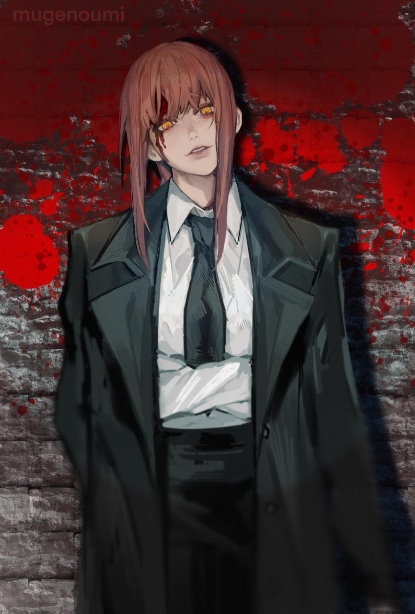 1girl absurdres artist_name bangs black_neckwear black_pants blood blood_on_face blood_splatter breasts chainsaw_man coat coat_on_shoulders collared_shirt crossed_arms formal highres long_coat long_sleeves looking_at_viewer makima_(chainsaw_man) medium_breasts medium_hair necktie office_lady pants redhead ringed_eyes russian_commentary shirt smile solo suit white_shirt yellow_eyes yoonmiumi