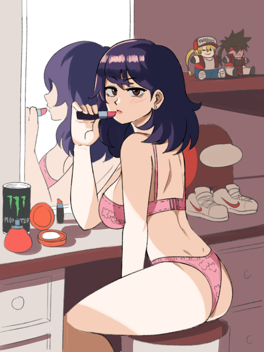 1girl among_us ass bangs black_hair bra can character_doll commentary cosmetics doll english_commentary fatal_fury feet_out_of_frame guilty_gear highres lipstick_tube long_hair looking_at_viewer mirror monster_energy nike original panties pink_bra pink_panties red_(among_us) red_lipstick_tube reflection shadow shelf shoes sitting sol_badguy solo terry_bogard the_king_of_fighters tina_fate underwear underwear_only white_footwear