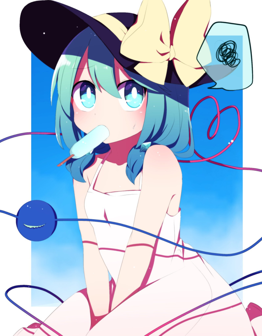 1girl alternate_costume alternate_hairstyle bangs black_headwear border bow bright_pupils dress eyebrows_visible_through_hair food_in_mouth green_eyes green_hair hat hat_bow highres komeiji_koishi looking_at_viewer low_twintails seiza short_hair sitting sleeveless sleeveless_dress solo sweatdrop third_eye touhou twintails v_arms white_border white_dress white_pupils yellow_bow you_(noanoamoemoe)