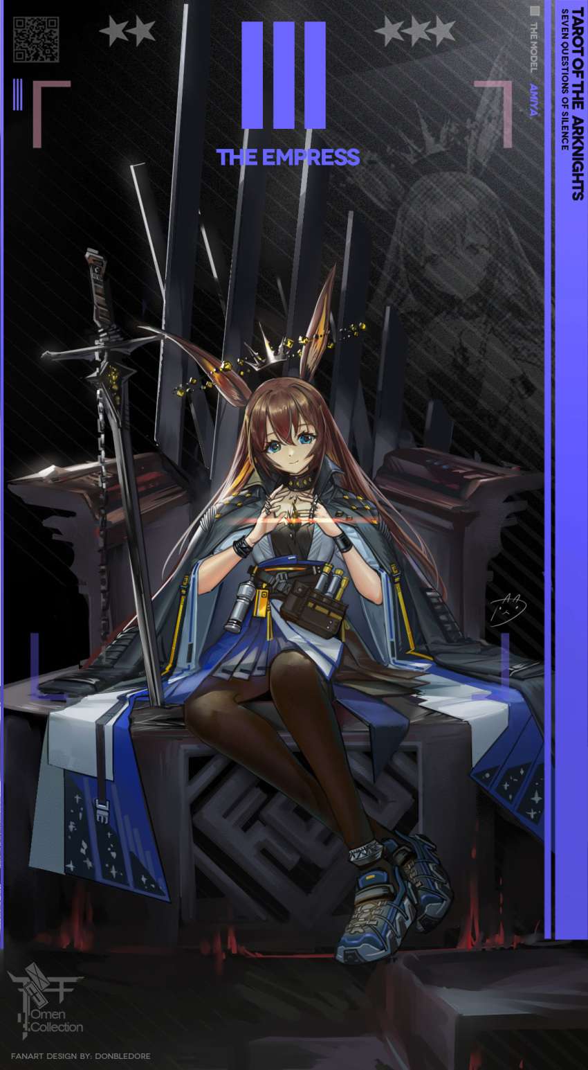 1girl amiya_(arknights) animal_ears anklet arknights artist_logo artist_name baijiin_poison belt_pouch black_background black_choker black_dress black_jacket black_legwear blue_eyes blue_footwear boots bracelet brown_hair character_name choker closed_mouth commentary_request copyright_name crown dress english_text floating floating_object full_body hands_up highres jacket jacket_on_shoulders jewelry long_hair looking_at_viewer multiple_rings partial_commentary planted planted_sword pouch qr_code rabbit_ears sitting smile solo star_(symbol) striped striped_background sword tarot the_empress_(tarot) throne weapon zoom_layer