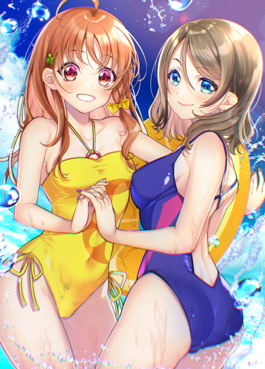 2girls ahoge alternate_hair_length alternate_hairstyle ass blue_eyes blue_sky blue_swimsuit breasts brown_hair casual_one-piece_swimsuit clouds collarbone commentary_request competition_swimsuit cowboy_shot hair_down highres holding_hands long_hair looking_at_viewer love_live! love_live!_sunshine!! medium_breasts multiple_girls one-piece_swimsuit orange_hair parted_lips red_eyes short_hair side-tie_swimsuit sky swimsuit takami_chika tsurugi_hikaru watanabe_you water yellow_swimsuit