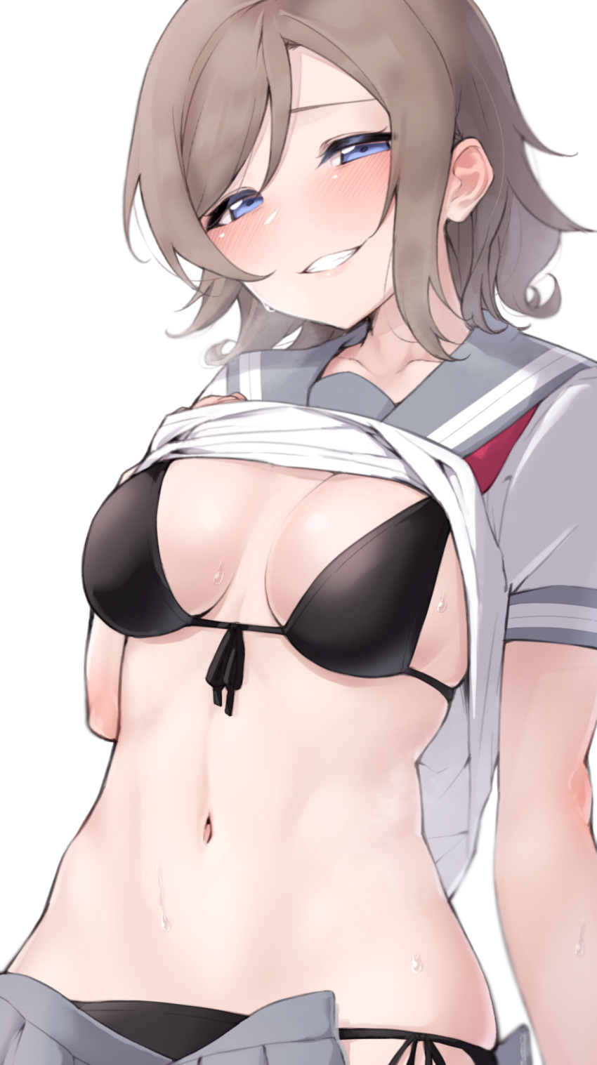 1girl arm_at_side bangs bikini bikini_under_clothes black_bikini blue_eyes blurry blush breasts breasts_apart brown_hair clothes_lift collarbone commentary_request depth_of_field front-tie_bikini front-tie_top grey_sailor_collar grey_skirt grin half-closed_eyes hand_on_own_chest hand_up head_tilt heavy_breathing highres lifted_by_self looking_at_viewer love_live! love_live!_sunshine!! medium_breasts nasuno_(nasuno42) navel open_clothes open_skirt pleated_skirt sailor_collar school_uniform serafuku shirt shirt_lift short_hair short_sleeves side-tie_bikini simple_background skindentation skirt smile solo steaming_body stomach string_bikini sweat swept_bangs swimsuit upper_body uranohoshi_school_uniform watanabe_you white_background white_shirt