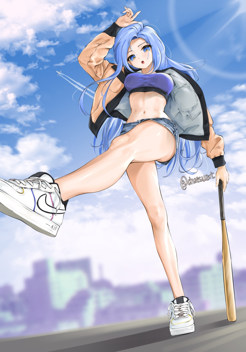 1girl :o arm_up bare_shoulders baseball_bat blue_eyes blue_hair blurry blurry_background breasts chaesu crop_top denim denim_shorts from_below full_body highres jacket leg_up legs long_hair long_sleeves looking_at_viewer midriff minah_(chaesu) navel nike nike_air_force_1 open_clothes open_jacket open_mouth original shirt shoes short_shorts shorts signature sneakers solo standing standing_on_one_leg stomach