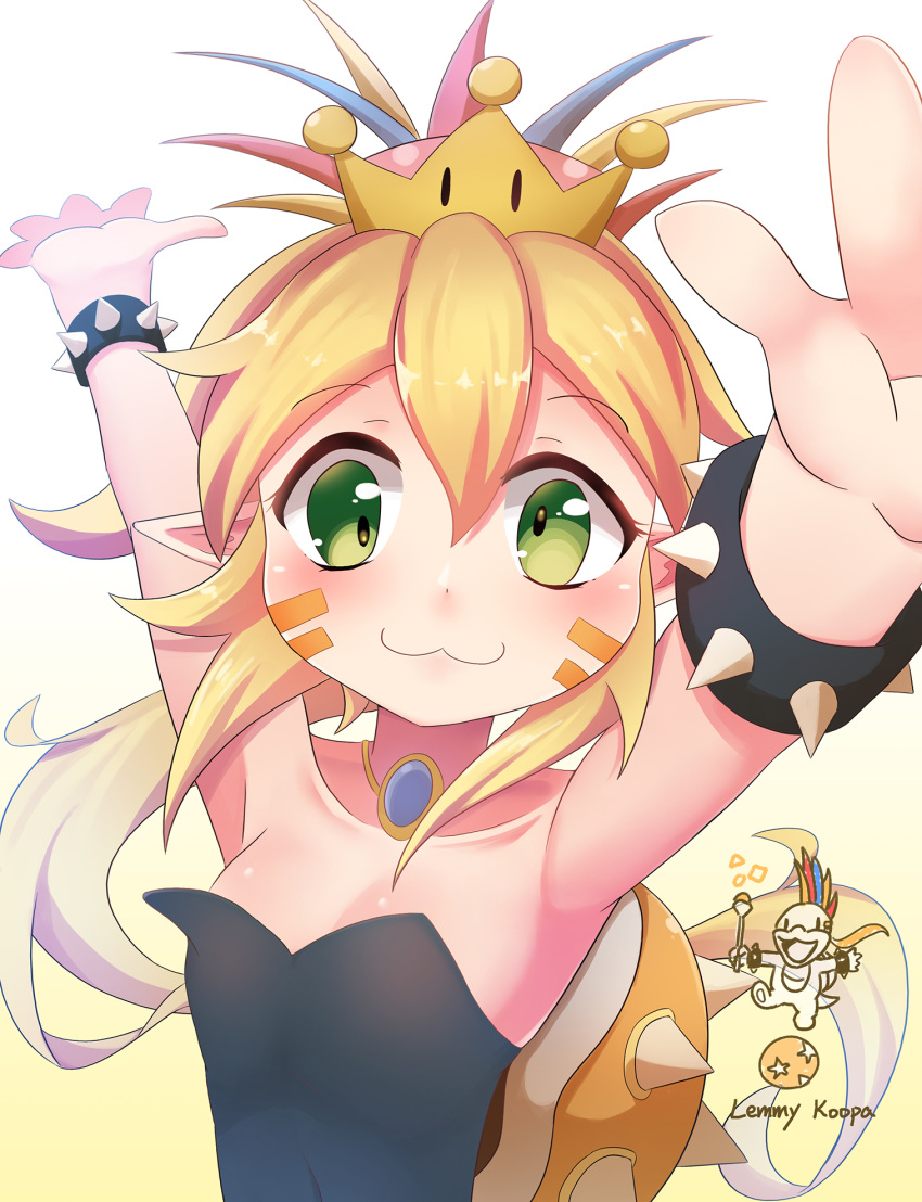 1girl :3 bai_qiao ball blonde_hair bracelet breasts crown facial_mark genderswap genderswap_(mtf) green_eyes highres jewelry lemmy_koopa super_mario_bros. necklace new_super_mario_bros._u_deluxe small_breasts spiked_bracelet spiked_shell spikes staff super_crown turtle_shell