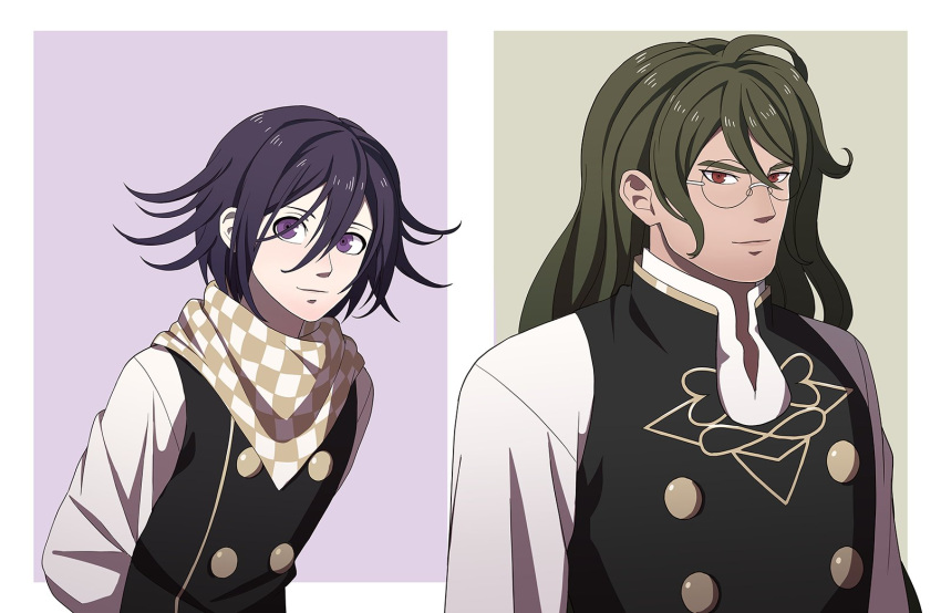 2boys ahoge alternate_costume bangs black_vest blue_background brown_background buttons checkered checkered_scarf cheer_(cheerkitty14) dangan_ronpa_(series) dangan_ronpa_v3:_killing_harmony double-breasted english_commentary flipped_hair glasses gokuhara_gonta green_hair green_scarf hair_between_eyes highres long_hair long_sleeves male_focus multiple_boys ouma_kokichi round_eyewear scarf shirt smile upper_body vest violet_eyes white_scarf white_shirt