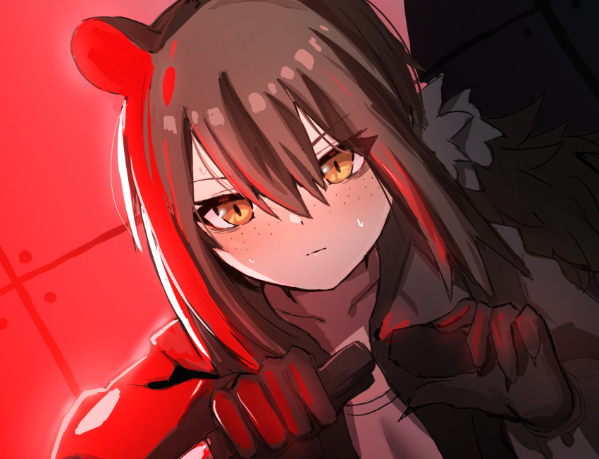 1girl animal_ears animal_hands arknights black_jacket brown_hair claws collarbone dutch_angle freckles hair_between_eyes highres holding holding_knife jacket knife long_hair looking_at_viewer open_clothes open_jacket ponytail raccoon_ears raw_egg_lent robin_(arknights) shirt solo sweatdrop upper_body white_shirt yellow_eyes