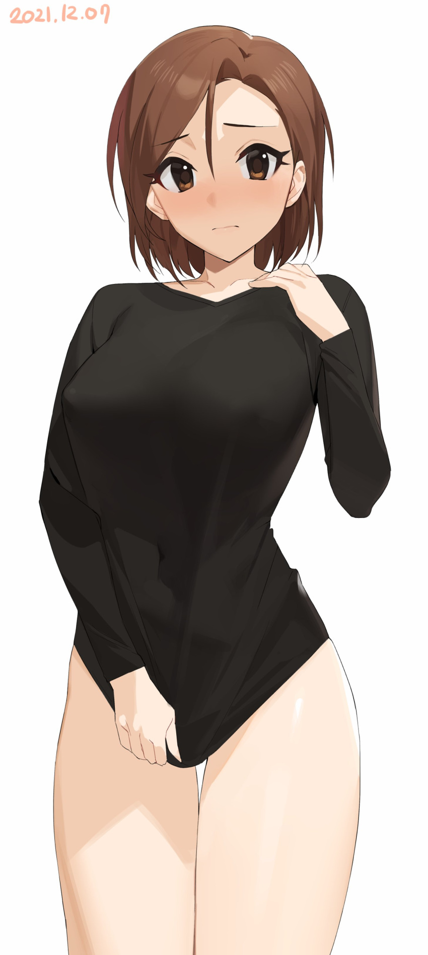 1girl absurdres asymmetrical_bangs bangs bare_legs black_hair blush breasts brown_hair covered_navel covered_nipples covering covering_crotch cowboy_shot dated hair_between_eyes highres holding holding_clothes holding_shirt idolmaster idolmaster_cinderella_girls large_breasts looking_at_viewer mizuki_seira no_panties no_pants onao shirt simple_background solo thigh-highs v-neck white_background