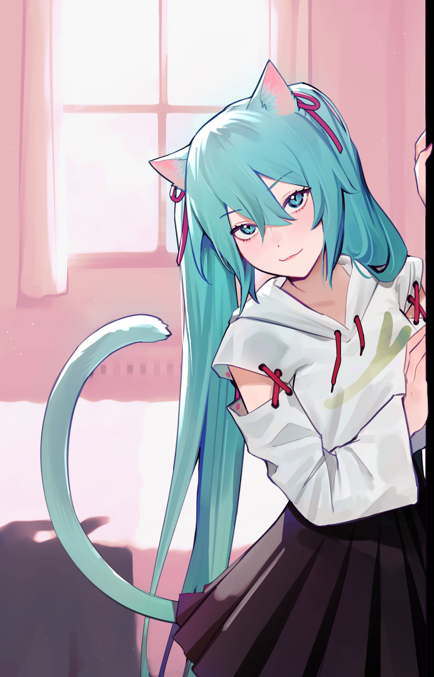 1girl absurdres animal_ears aqua_eyes aqua_hair black_skirt cat_ears cat_girl cat_tail commentary detached_sleeves drawstring english_commentary hair_between_eyes hatsune_miku highres hood hood_down hoodie kemonomimi_mode lavelis long_hair looking_at_viewer peeking_out skirt solo tail twintails very_long_hair vocaloid white_hoodie