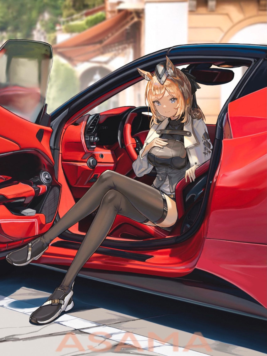 1girl animal_ears arknights armor artist_name asama_(drift_in) bangs black_footwear black_headwear black_legwear black_ribbon black_sweater blonde_hair blue_eyes blurry blurry_background breastplate breasts car car_interior closed_mouth commentary crossed_legs day eyebrows_visible_through_hair full_body garrison_cap ground_vehicle hair_ribbon hand_on_own_chest hat highres horse_ears jacket looking_at_viewer medium_breasts medium_hair motor_vehicle open_door outdoors parted_bangs pavement ribbon shoes sitting smile solo strap sweater thigh-highs turtleneck vehicle_request whislash_(arknights) white_jacket