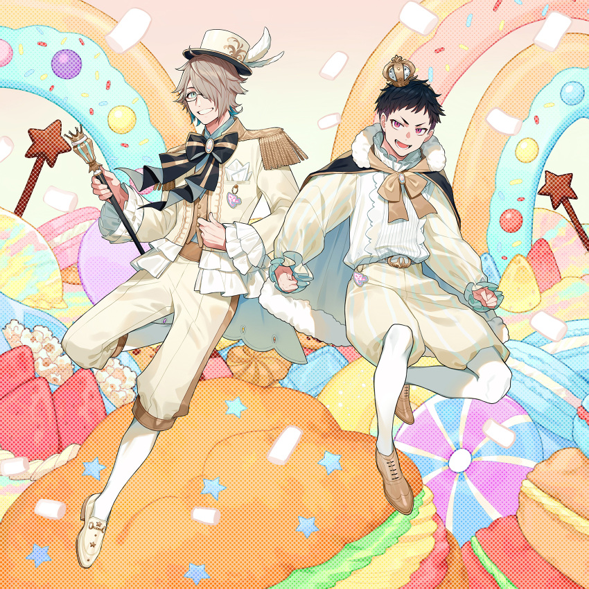 2boys :d black_hair blue_eyes brown_footwear brown_hair cape clenched_hand crown dessert doughnut epaulettes food fruit glasses hat highres holding holding_wand macaron male_focus marshmallow mini_crown monsterz_mate multiple_boys official_art open_mouth pants pink_eyes pocket_square shirt short_hair smile strawberry sweets two-tone_cape wand white_footwear white_headwear white_legwear white_shirt yuu_(higashi_no_penguin)