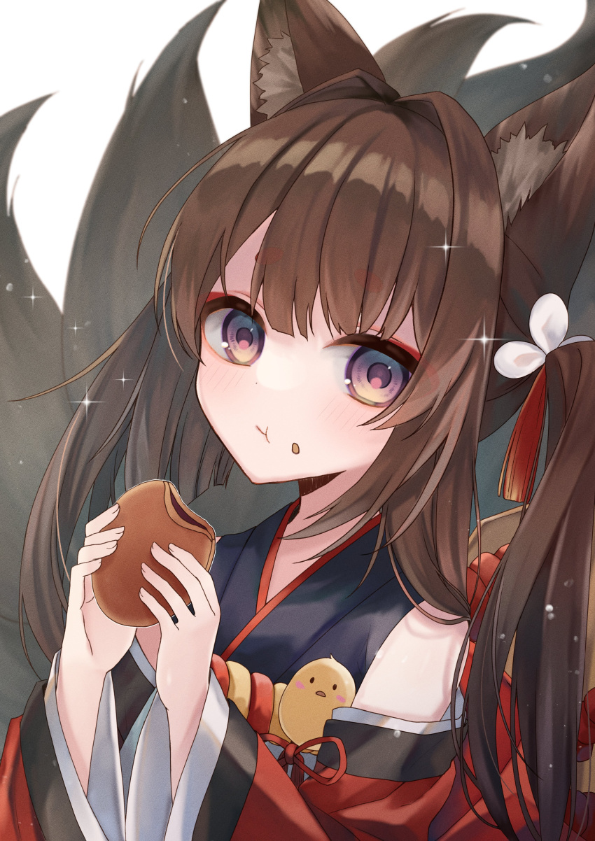 1girl :t absurdres amagi-chan_(azur_lane) animal_ears azur_lane bangs blunt_bangs brown_hair commentary_request eating eyebrows_visible_through_hair eyes_visible_through_hair eyeshadow food food_on_face fox_ears fox_girl fox_tail grey_eyes highres holding holding_food japanese_clothes kyuubi long_hair looking_at_viewer makeup manjuu_(azur_lane) multiple_tails off-shoulder_kimono off_shoulder ougi_(u_to4410) rope shimenawa sidelocks simple_background solo sparkle tail twintails white_background