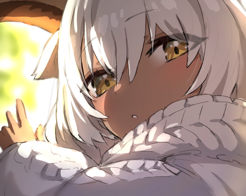 1girl animal_ears arknights beeswax_(arknights) close-up dark-skinned_female dark_skin goat_ears goat_girl goat_horns hair_between_eyes hand_up highres horns looking_at_viewer raw_egg_lent solo sweater white_hair white_sweater yellow_eyes